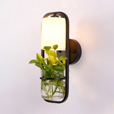 Cylinder Bedroom Sconce Light Industrial Metal 1 Bulb Black LED Wall Lighting with Plant Decoration