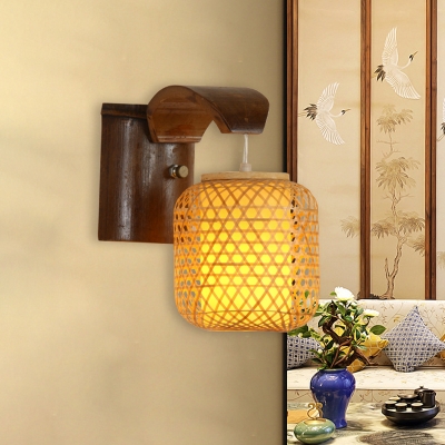 Cylindrical Sconce Light Chinese Bamboo 1 Head Brown Wall Mount Lighting with Inner White Parchment Shade