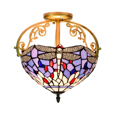 Dragonfly Stained Glass Ceiling Mount Mediterranean 2 Lights Red/Beige/Orange Semi Flush Light Fixture