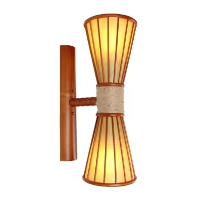 Hourglass Sconce Light Chinese Bamboo 2 Bulbs Wall Mounted Lighting in Red Brown