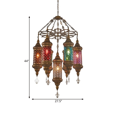 Industrial Cylinder Pendant Lighting 7 Bulbs Stained Glass Ceiling Chandelier in Brass