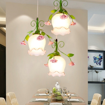 Industrial Floral Cluster Pendant 3 Bulbs White Glass LED Suspension Light for Dining Room