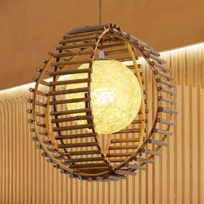 Japanese 1 Bulb Pendant Light Khaki Round Suspended Lighting Fixture with Bamboo Shade