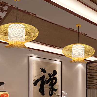 Khaki Handmade Pendant Lamp Asian 1 Bulb Bamboo Hanging Ceiling Light with Inner Tube White Parchment Shade