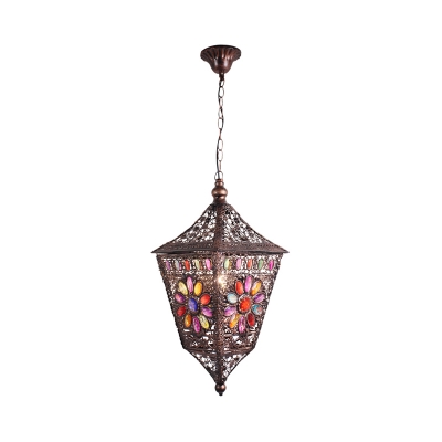 Lantern Metal Suspension Pendant Light Art Deco 1-Light Restaurant Hanging Lamp in Rust