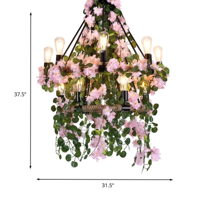 Metal Pink Hanging Chandelier 2 Tiers 14 Lights Industrial LED Pendant Lighting with Flower Decor