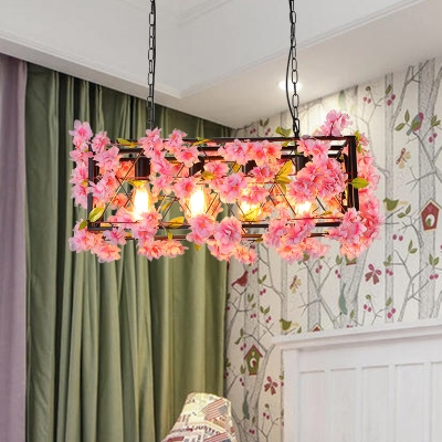Pink/Brown 4 Lights Island Ceiling Light Retro Metal Rectangular LED Flower Drop Lamp for Restaurant