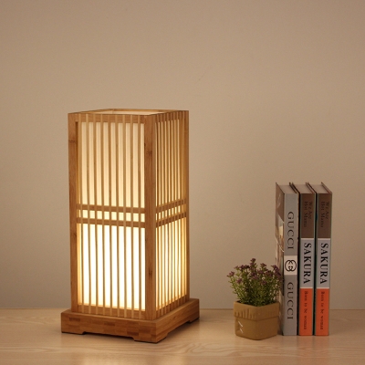 Rectangular Task Lighting Asian Wood 1 Head Beige Small Desk Lamp with Switch for Bedroom