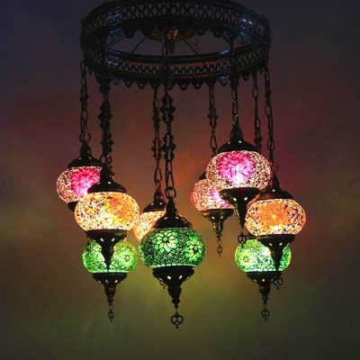 Red/Yellow/Orange 10 Heads Pendant Chandelier Traditional Stained Glass Oval Hanging Ceiling Light