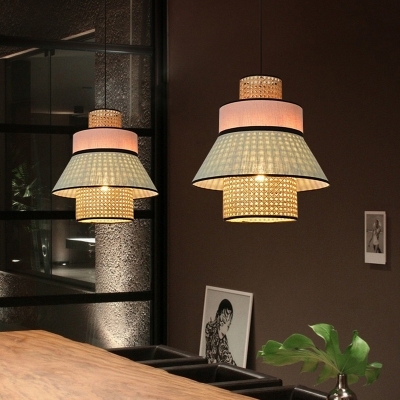 Tapered Pendant Lighting Asian Bamboo 1 Head Ceiling Hanging Light in Pink and Green