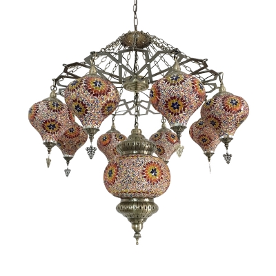 Traditional Oval Chandelier Pendant 9 Heads Blue/Red Stained Glass Hanging Ceiling Light