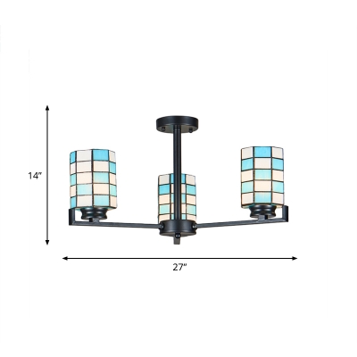 White/Black Cylinder Semi-Flush Mount Light Tiffany 3/6/8 Lights Cut Glass Ceiling Flush for Living Room