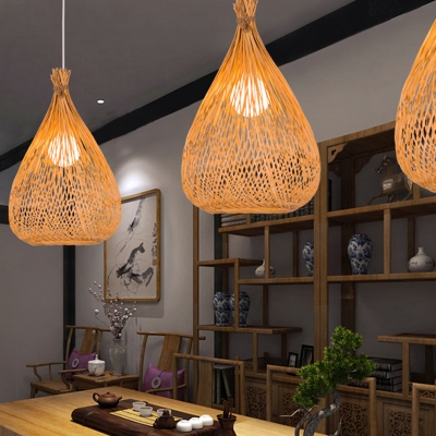 1 Bulb Tearoom Pendant Lamp Asia Wood Hanging Ceiling Light with Handcrafted Bamboo Shade