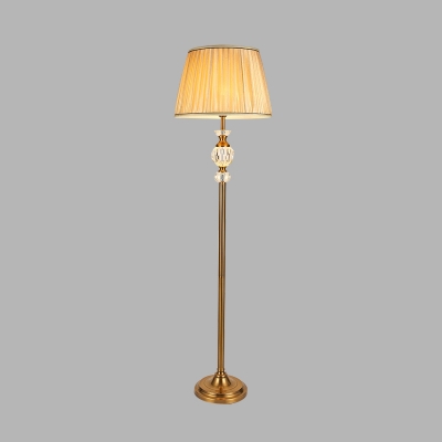 1 Head Barrel Floor Lamp Vintage Beige Fabric Standing Light with Crystal Accent for Living Room