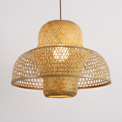 1 Head Hand-Worked Hanging Light Chinese Bamboo Suspended Lighting Fixture in Flaxen