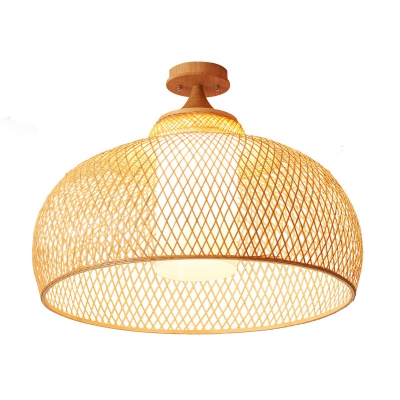 1 Head Handcrafted Semi Flush Mount Chinese Bamboo Ceiling Mounted Light in Wood