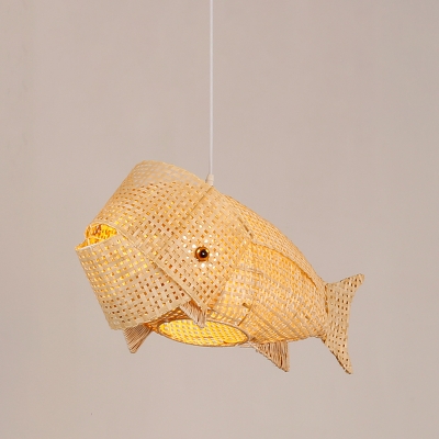 1 Head Restaurant Hanging Lamp Asian Beige Pendant Light Fixture with Fish Bamboo Shade
