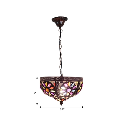 1 Bulb Hanging Lamp Decorative Restaurant Down Lighting Pendant with Bowl Stained Glass in Rust