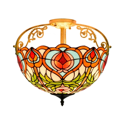 2/3 Lights Peach Semi Mount Lighting Victorian Red Stained Glass Ceiling Mounted Light Fixture