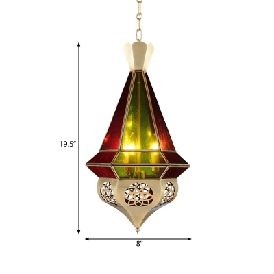 3 Bulbs Hanging Chandelier Art Deco Hallway Suspension Pendant Lamp with Cone Colorful Glass Shade in Brass