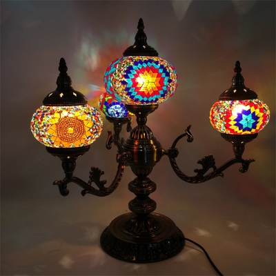 4 Lights Stained Glass Night Lamp Traditional Red/Yellow/Orange Oval Restaurant Table Light with Radial Design