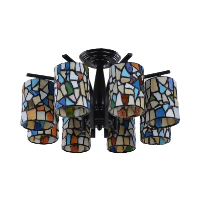 6/8 Lights Semi Flush Mount Light Cylinder Stained Glass Ceiling Fixture in Black for Living Room