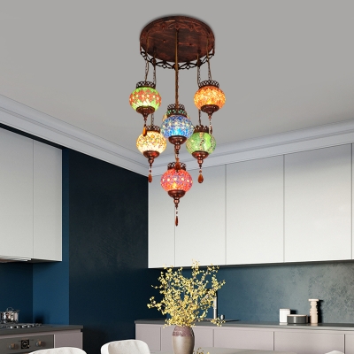 7 Lights Chandelier Lighting Mediterranean Restaurant Suspension Pendant in Copper with Sphere Stained Glass Shade