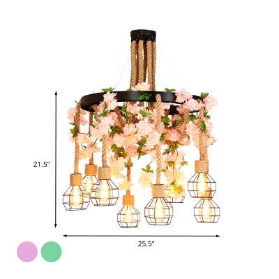 8 Heads Hemp Rope Pendant Chandelier Industrial Pink/Green Bare Bulb Restaurant LED Down Lighting with Flower/Plant
