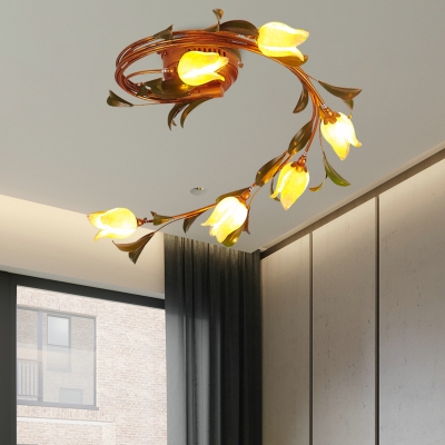 Amber Glass Blossom Ceiling Lighting Traditional 6 Heads LED Bedroom Semi Flush Mount Light Fixture in Brass