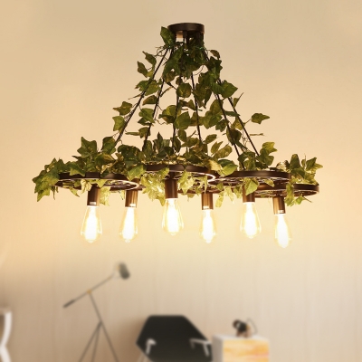 Antique Exposed Bulb Hanging Chandelier 3/6 Bulbs LED Metal Plant Pendant Light Fixture in Green