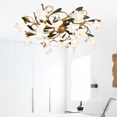 Antique Flower Ceiling Light Fixture 16 Bulbs Metal LED Semi Mount Lighting for Living Room in Brass