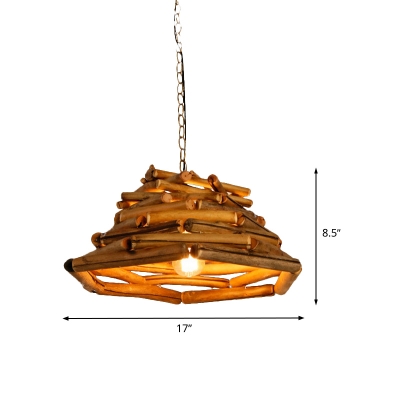 Asian 1 Head Pendant Lamp Brown Wide Flare Ceiling Hanging Light with Wood Shade