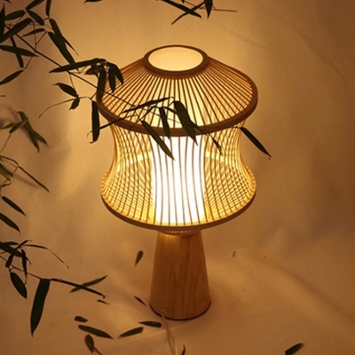 Asian Lantern Task Light Bamboo 1 Head Small Desk Lamp in Beige with Wood Conical Base