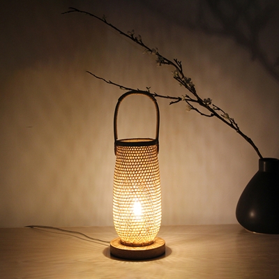 Bamboo Basket Desk Lamp Japanese 1 Bulb Beige Task Lighting with Round Wood Base