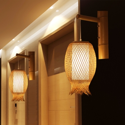 Bamboo Lantern Sconce Asian 1 Head Khaki Wall Mounted Light Fixture with Inner Cylinder White Parchment Shade