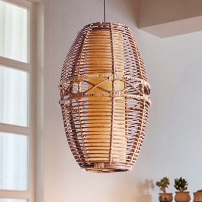 Bamboo Urn Ceiling Lamp Asia 1 Head Brown Hanging Light Kit with Inner Tube Parchment Shade