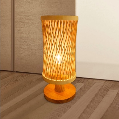 Beige Cylinder Desk Lamp Japanese 1 Bulb Bamboo Task Lighting with Circular Base