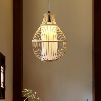 Beige Pear Pendant Lamp Japanese 1 Head Bamboo Hanging Light Fixture for Tearoom