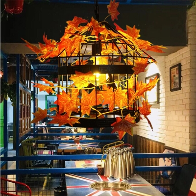Black House Pendant Lighting Fixture Industrial Metal 1 Head Restaurant LED Hanging Ceiling Light with Maple Leaf
