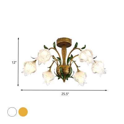 Brass 6 Heads Semi Flush Light Vintage White/Yellow Glass Floral LED Ceiling Fixture for Bedroom