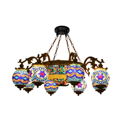 Brass Radial Chandelier Lighting Traditional Stained Glass 4/9/12 Bulbs Restaurant Ceiling Hang Fixture with Round Canopy