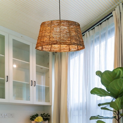 Brown Cone Hanging Light Asian 1 Head Rattan Suspended Lighting Fixture with Inner Ball Milk Glass Shade