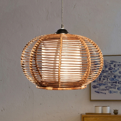 Coffee Curved Drum Hanging Light Asia 1 Head Rattan Ceiling Suspension Lamp with Inner Cylinder White Parchment Shade