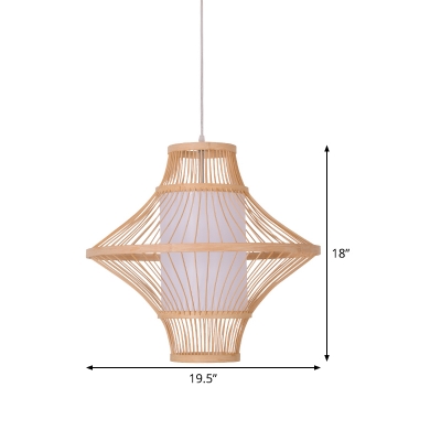 Curved Pendant Lamp Asian Bamboo 1 Head Wood Hanging Light Fixture with Tubular White Parchment Shade