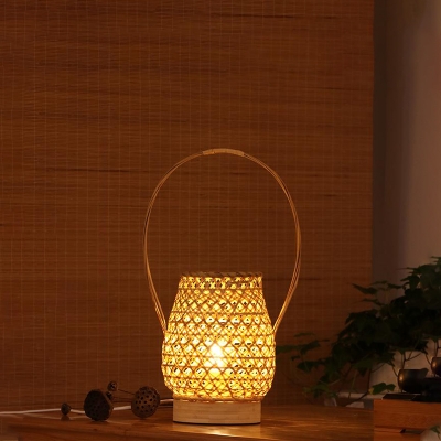 Hand-Worked Bamboo Desk Light Chinese 1 Bulb Flaxen Task Lighting with Curved Handle