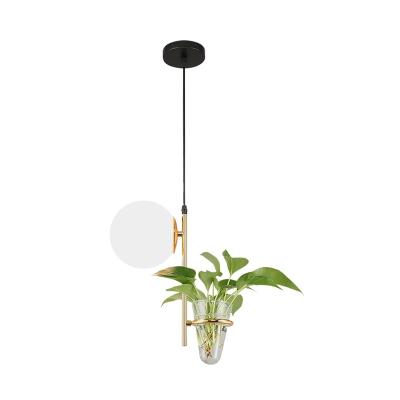 Industrial Global Pendant Light 1 Head Milk White/Smoke Grey Glass Hanging Light in Black/Gold with Plant Deco