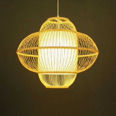 Lantern Ceiling Light Chinese Bamboo 1 Bulb Beige Pendant Lighting Fixture, 18