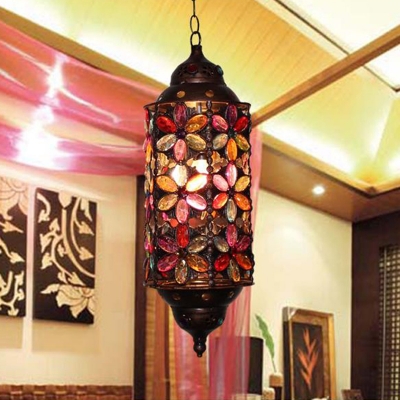 Metal Bronze Ceiling Light Cylinder 1 Head Traditional Pendant Lighting Fixture for Living Room