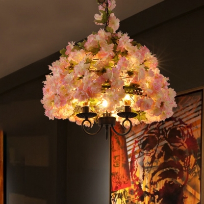 Metal Pink Flower Chandelier Lamp Dome 3 Bulbs Antique Hanging Ceiling Light for Restaurant