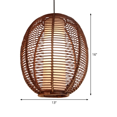 Oval Pendant Light Japanese Bamboo 1 Bulb Brown Suspended Lighting Fixture for Living Room